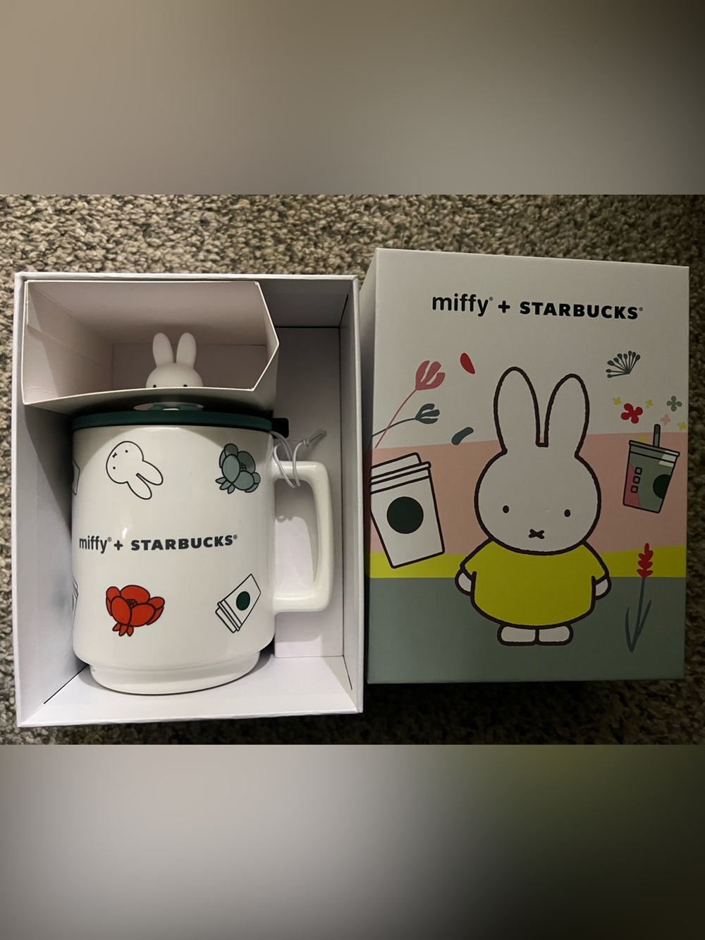 Starbucks White Ceramic Miffy Mug with Green and Red Accents